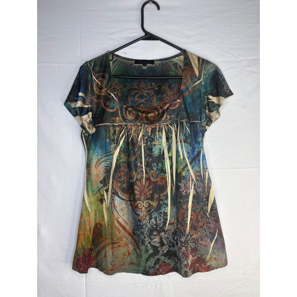 Y2K B.L.E.U. Womens Short Sleeve Boho Print Rhinestone Scoop Neck Multicolor S
